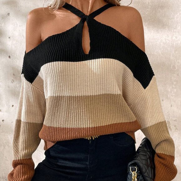 Multicolor Casual Women's Off Shoulder Striped Turtleneck Sweater - Picture 7 of 7